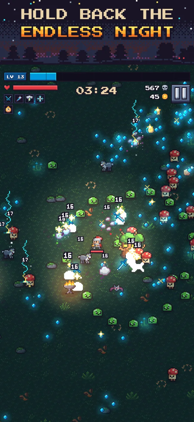 Aldric surrounded by monsters in Whisperwood, with lightning and arcane bolts lighting the forest