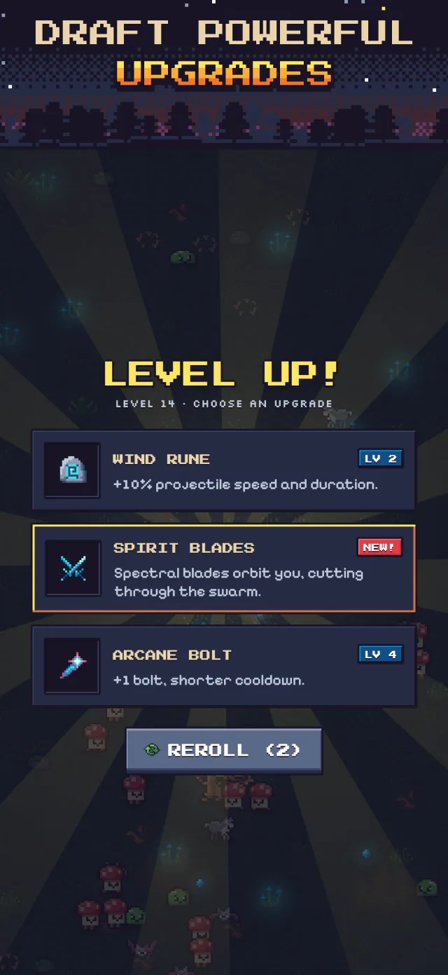 The level-up screen offering a choice of three upgrades