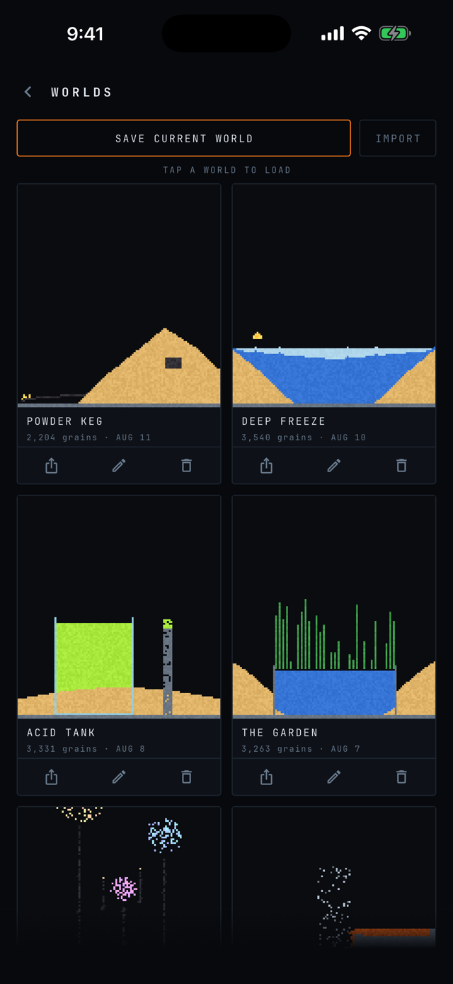 The worlds screen: saved worlds as thumbnail cards with names and grain counts