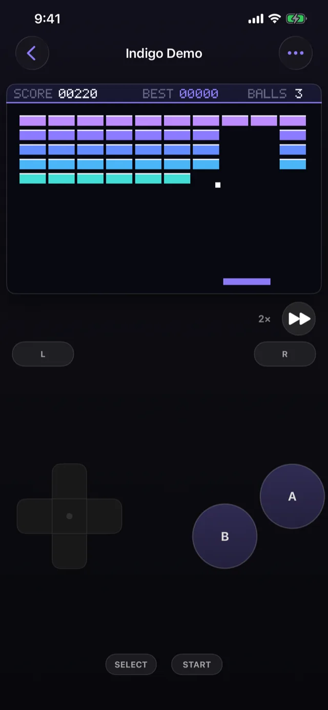 The bundled demo, a brick-breaker, on iPhone: 220 points, the ball in flight, and the touch pad below the screen