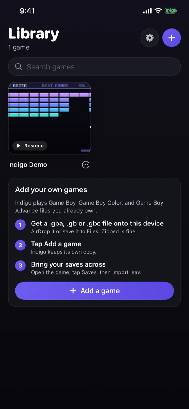 The library, with the demo ready to resume where it left off and three steps for adding your own games