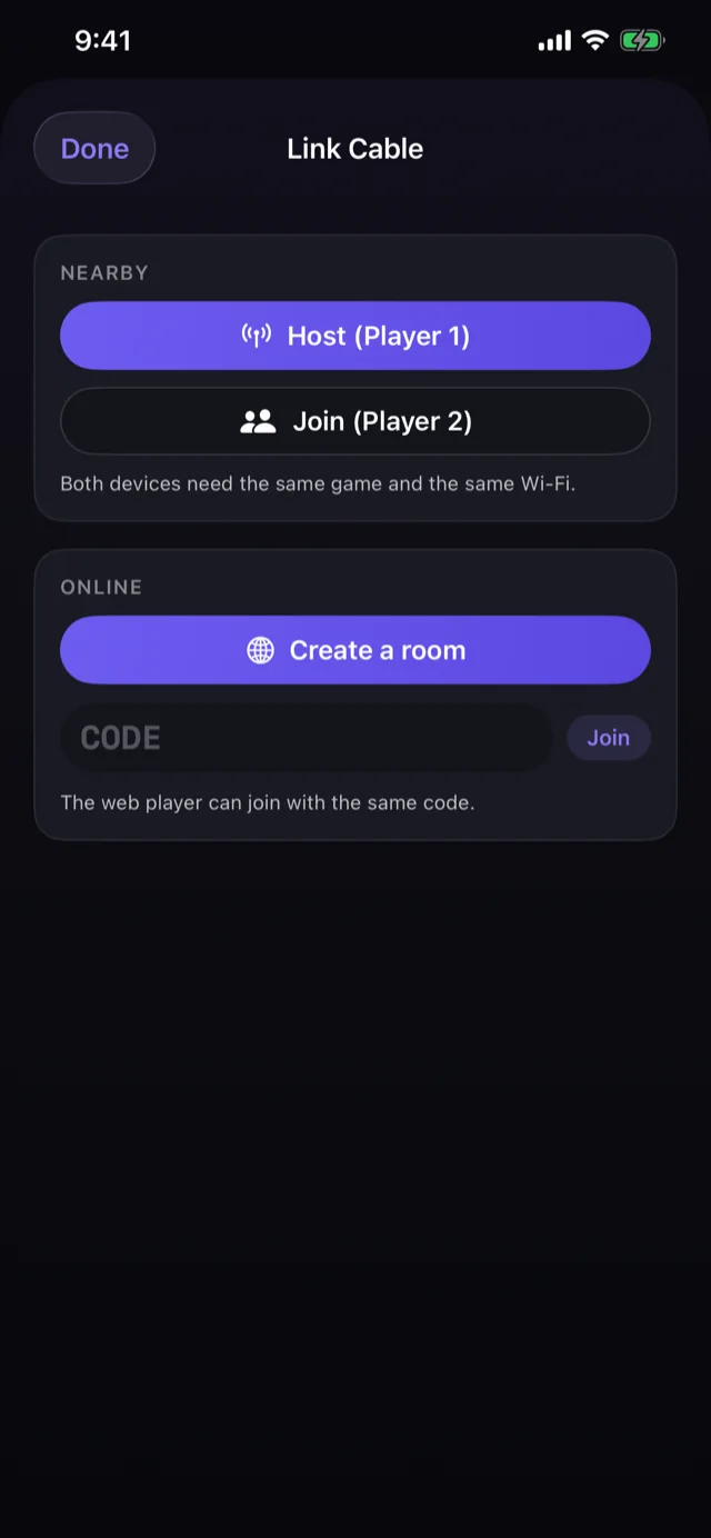 The link cable: host or join on the same Wi-Fi, or create an online room that a friend, or the web player, joins with a code