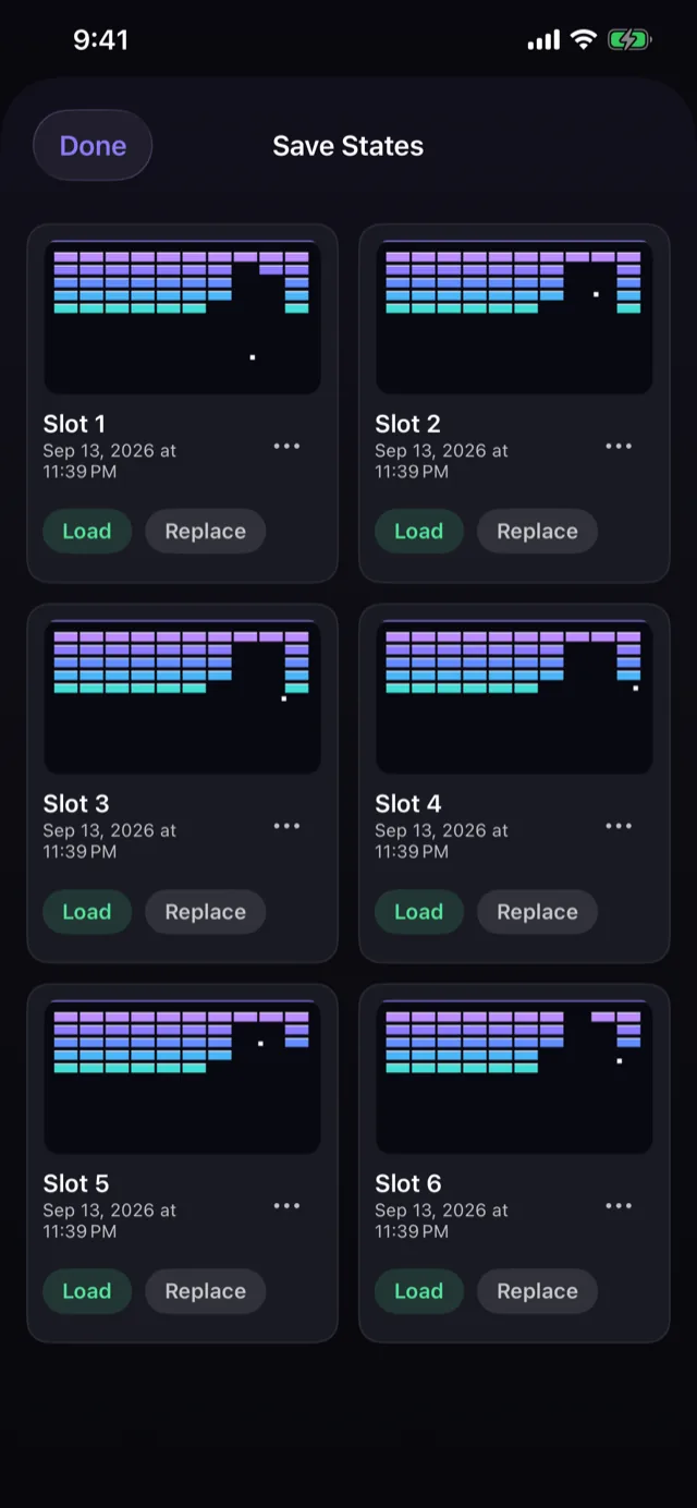 Six save state slots, each with a picture of the moment it was saved and Load and Replace buttons