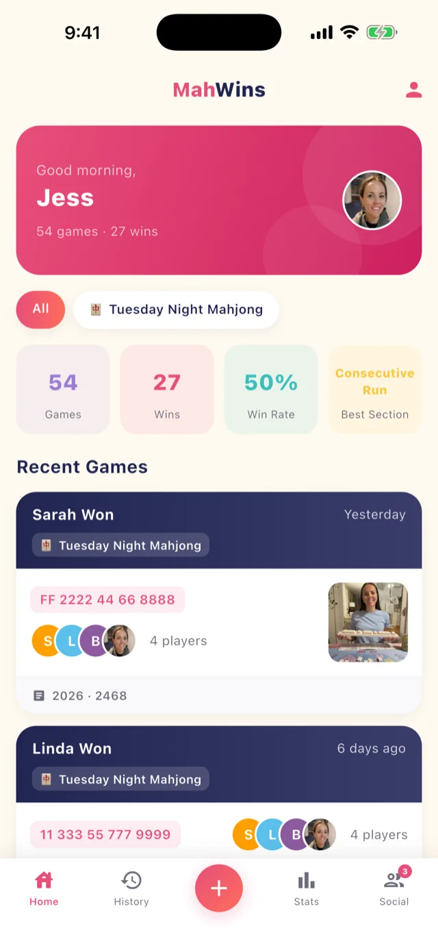Home screen with your group's recent games