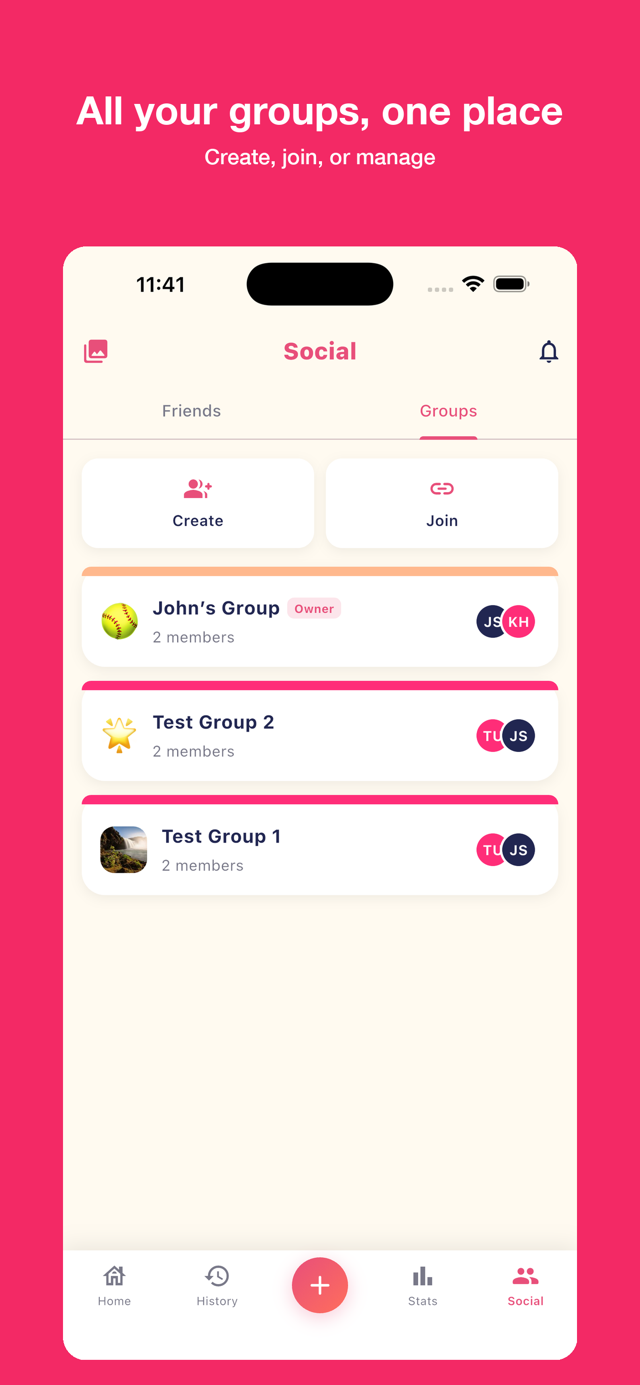 Groups screen for your weekly crew