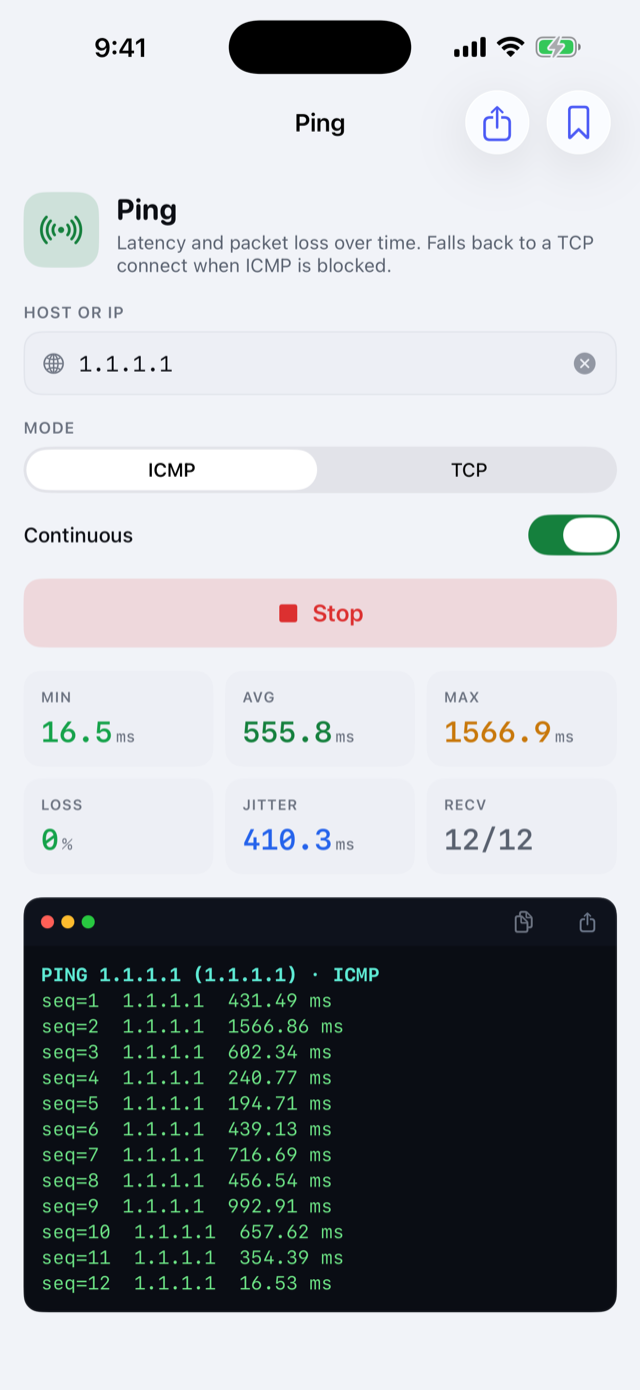 Ping mid-run: latency stats and a live console