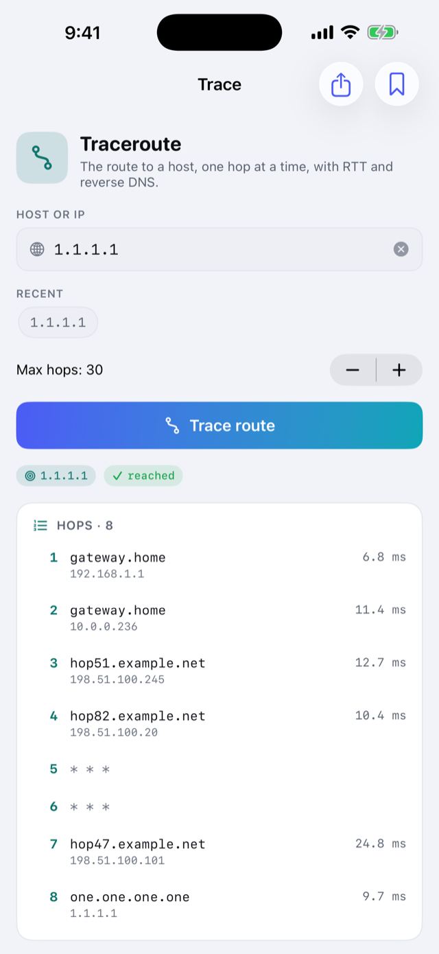 Traceroute with per-hop latency and reverse DNS