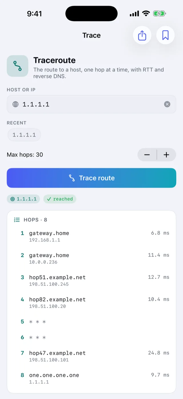Traceroute with per-hop latency and reverse DNS