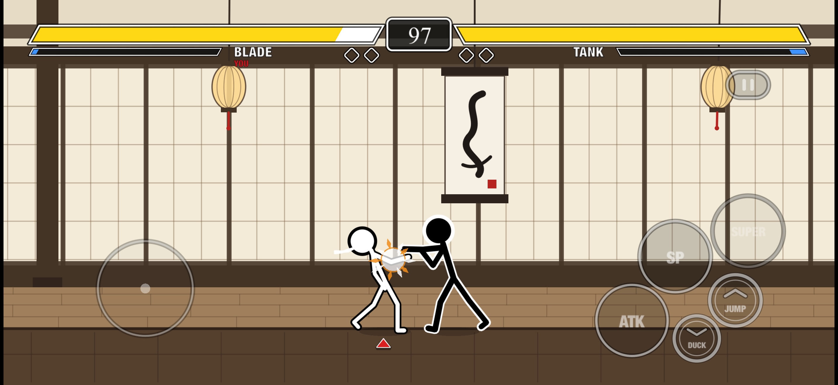 Two stick fighters dueling in the dojo