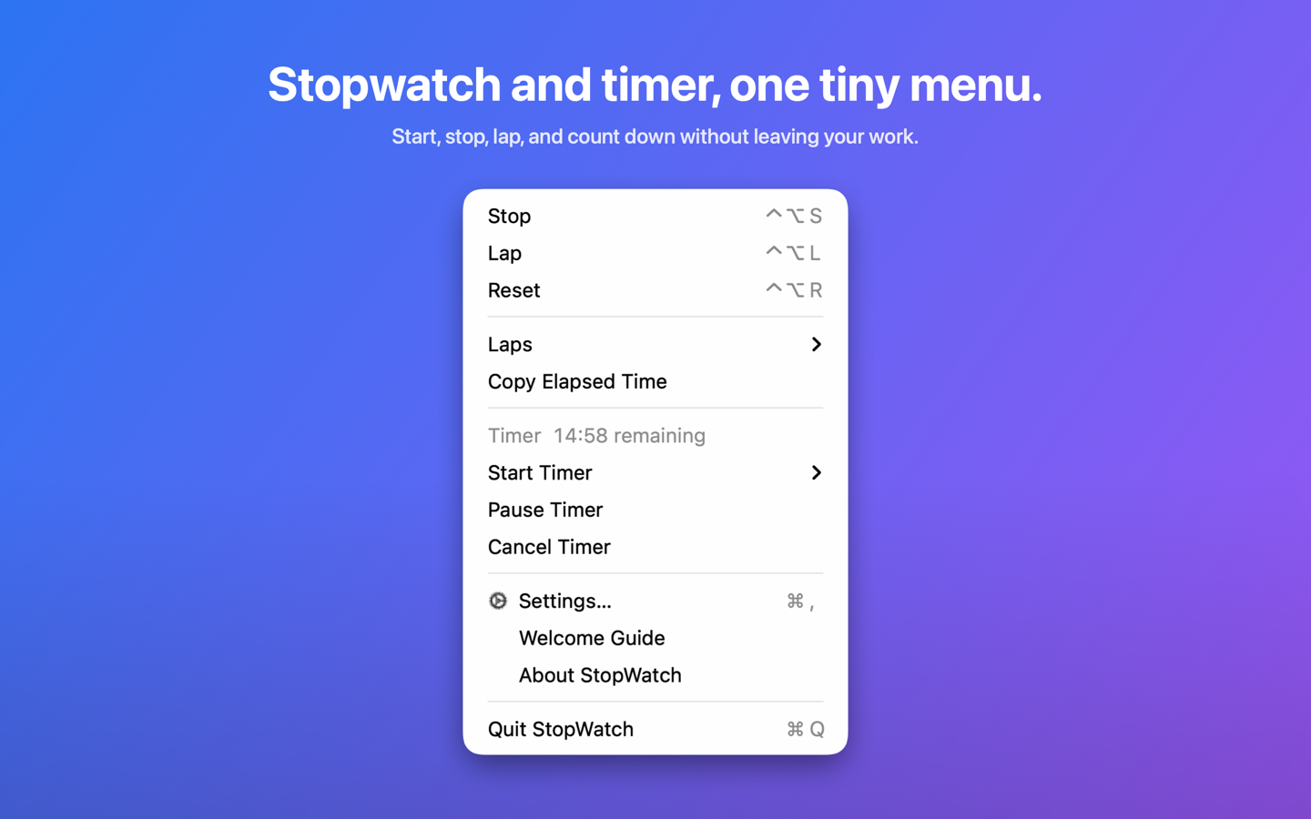 The menu with stopwatch controls and a running countdown