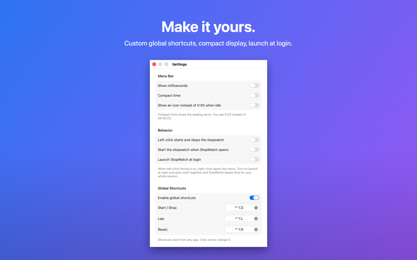 Settings: menu bar display, behavior, and shortcut controls
