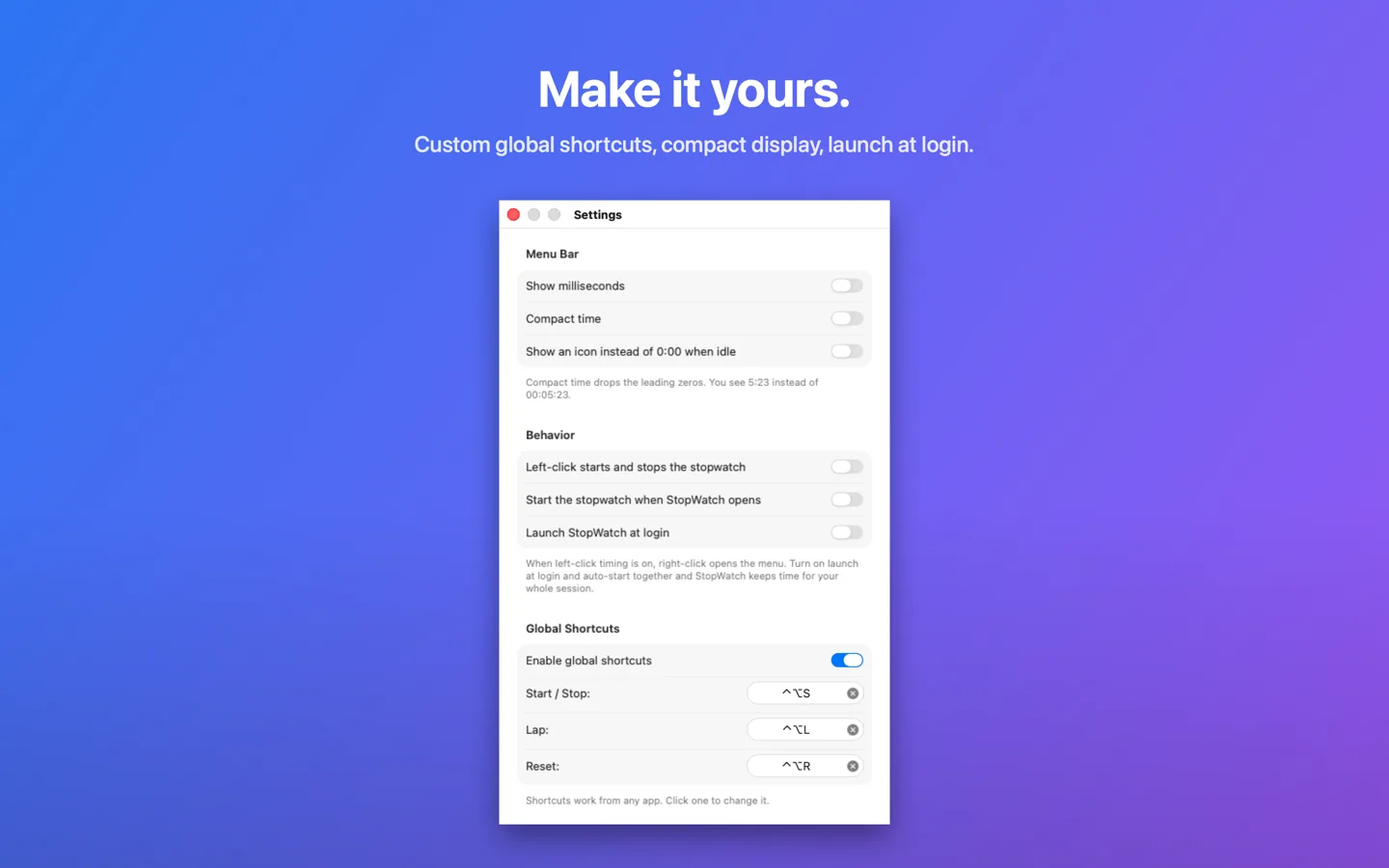 Settings: menu bar display, behavior, and shortcut controls