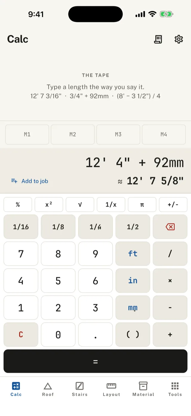The Calc tab, with 12' 4" + 92mm typed on the trade keypad and the answer ≈ 12' 7 5/8" on the line
