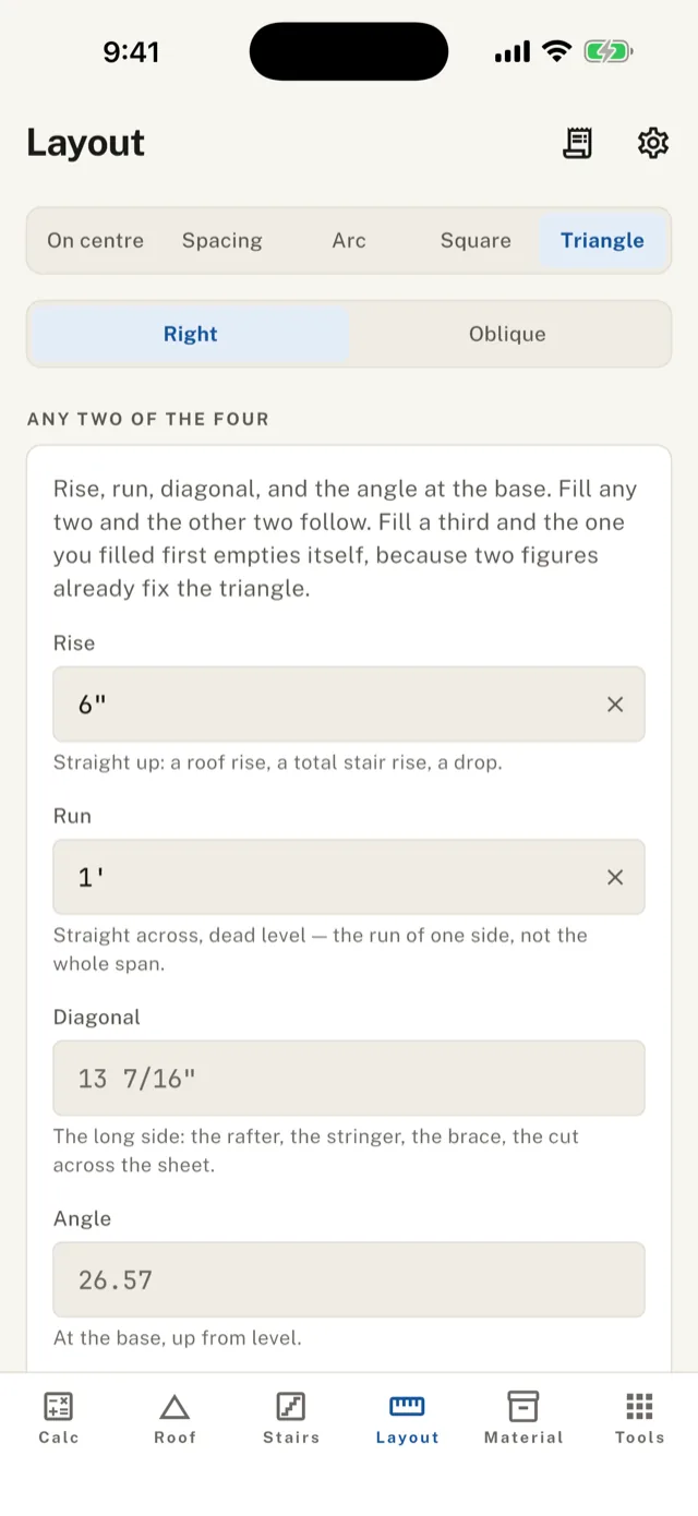 The right-triangle solver with a 6" rise over a 1' run, the diagonal and angle worked out