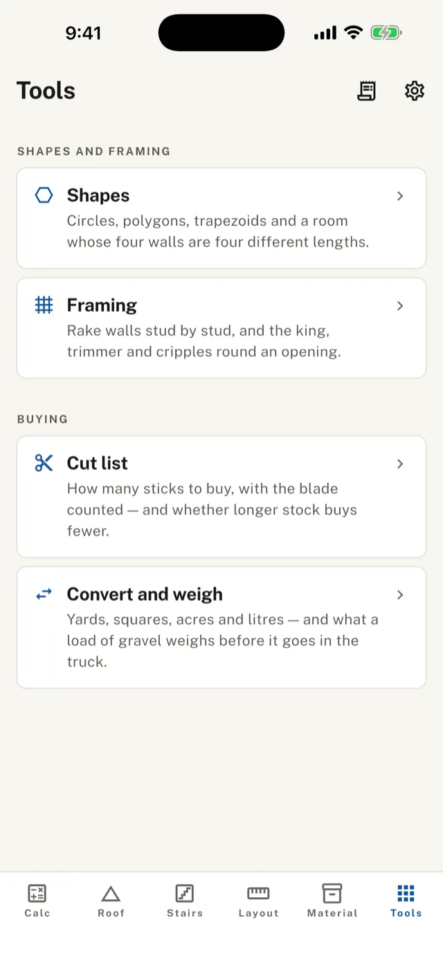 The Tools tab: shapes, framing, cut list, and convert and weigh