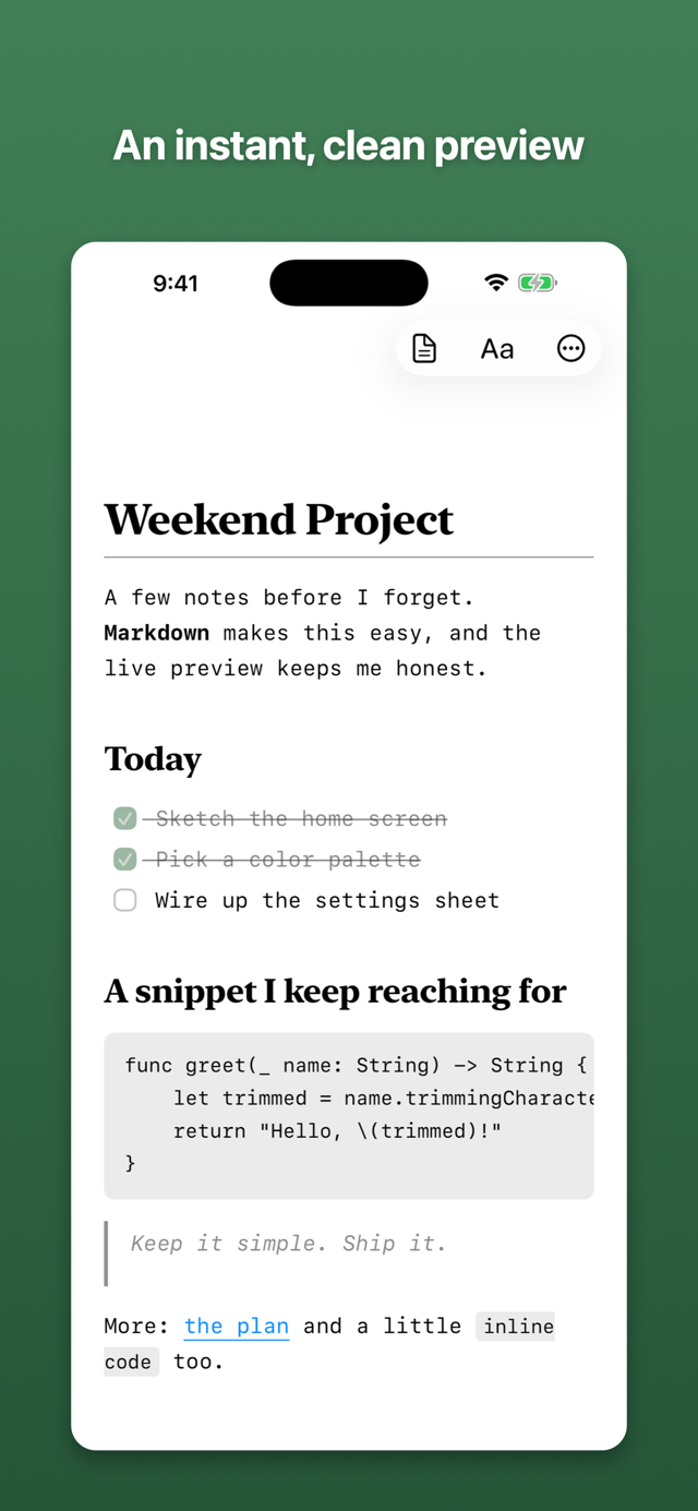Preview mode rendering the Markdown document