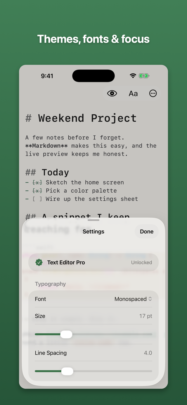 Settings with theme and typography options