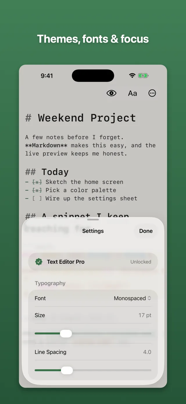 Settings with theme and typography options